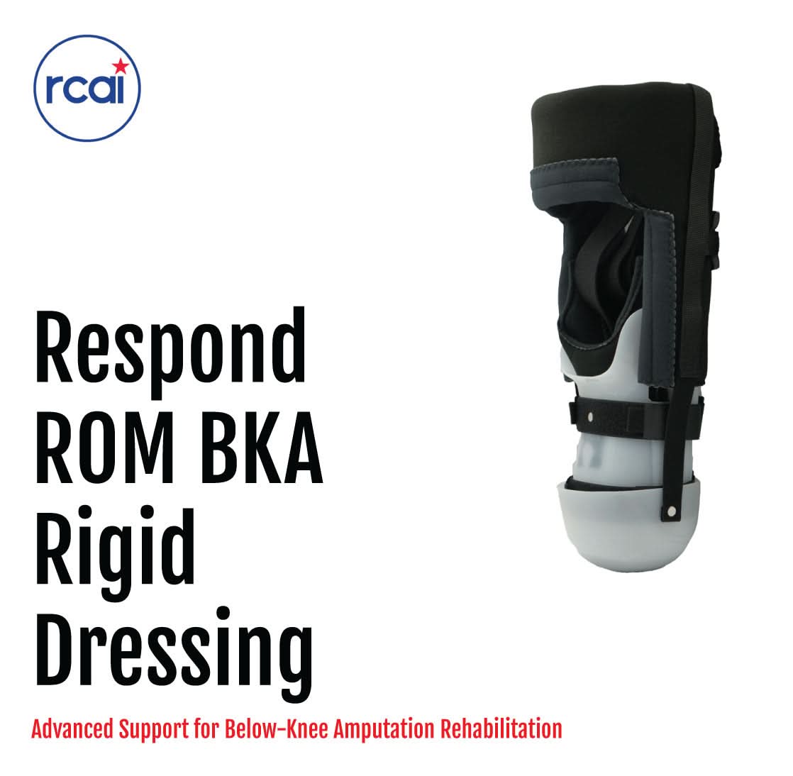 Respond ROM BKA rigid dressing in black and gray, featuring adjustable straps and molded support, made in the USA by RCAI,.