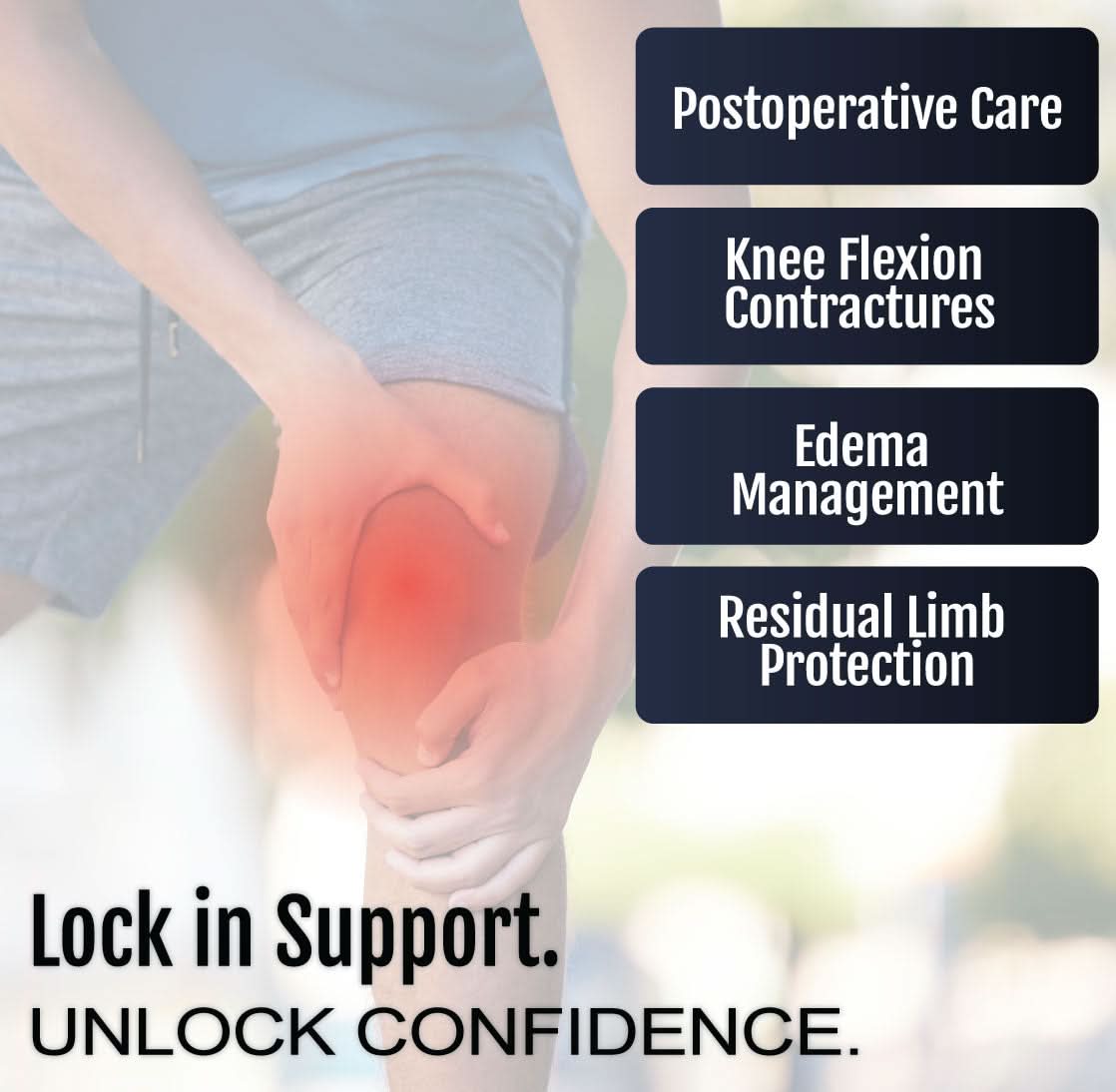 Postoperative knee brace worn on bent leg with red highlight on knee, promoting edema management and limb protection, made.