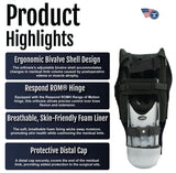 Black Respond ROM BKA Rigid Dressing with ergonomic bivalve shell, breathable foam liner, and protective distal cap, made in .
