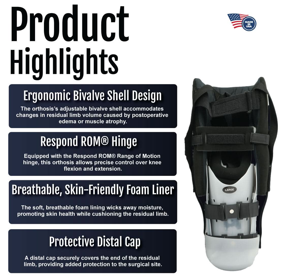 Black Respond ROM BKA Rigid Dressing with ergonomic bivalve shell, breathable foam liner, and protective distal cap, made in .