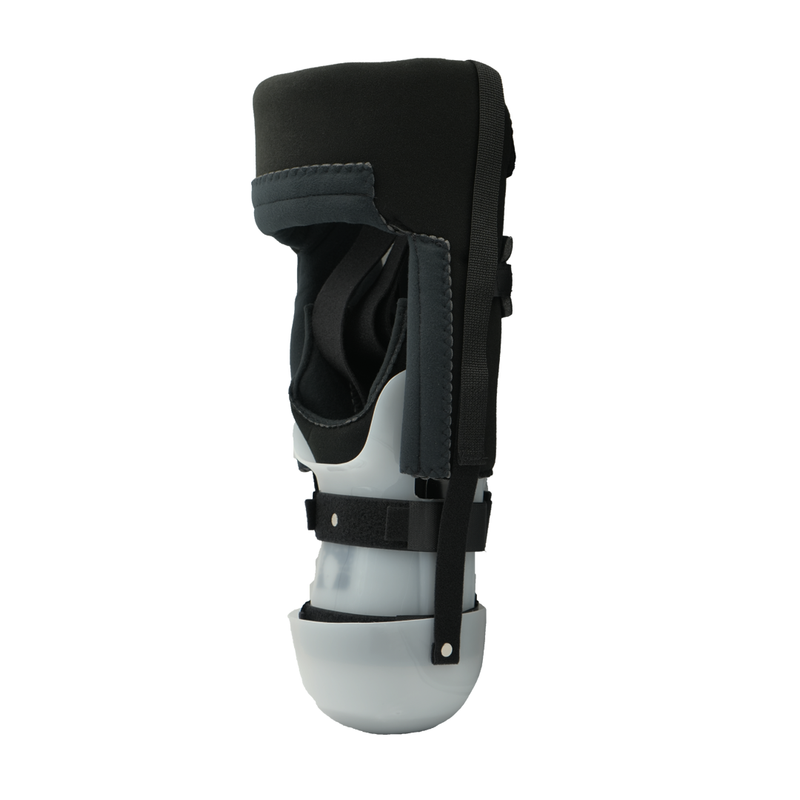 Respond ROM BKA rigid dressing in black neoprene with adjustable straps, reinforced plastic frame, and padded heel support,.