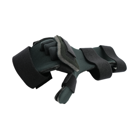 Neutral thumb resting hand orthosis in black and gray with padded finger separators and adjustable Velcro straps, made in.