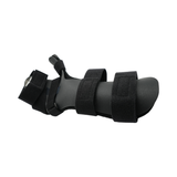 Black neutral thumb resting hand orthosis with three wide adjustable Velcro straps and finger separators, made in the USA,.