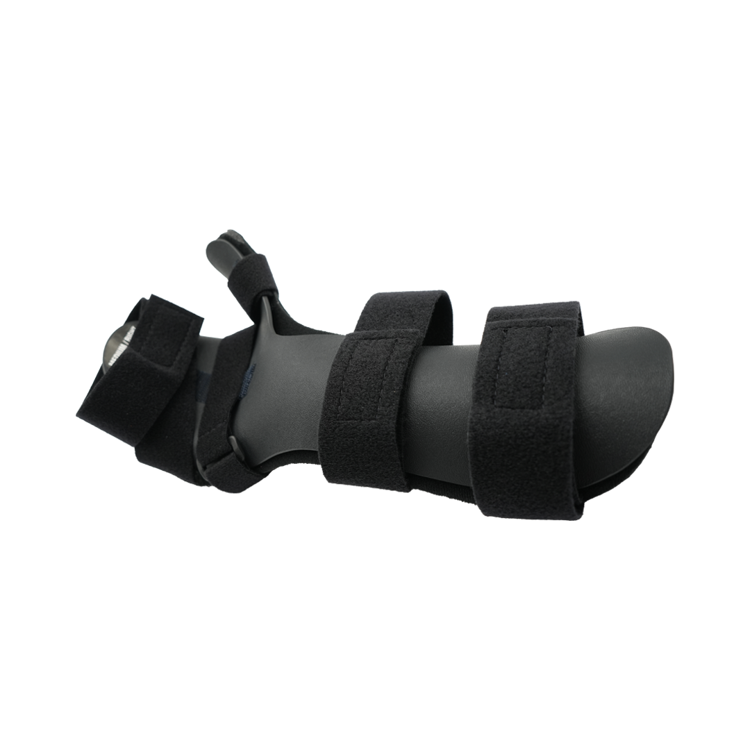 Black neutral thumb resting hand orthosis with three wide adjustable Velcro straps and finger separators, made in the USA,.