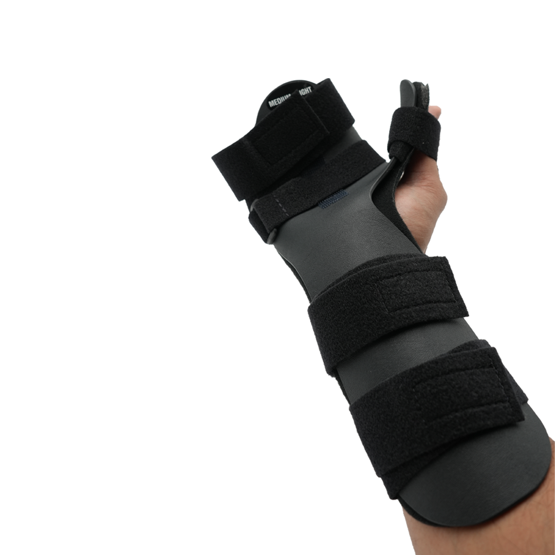 Neutral thumb resting hand orthosis in black with three adjustable straps and finger separators, designed for left or right.