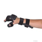Black RCAI neutral thumb resting hand splint with adjustable straps securing thumb and fingers, designed for right hand,.