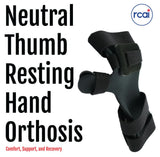 Black neutral thumb resting hand orthosis with finger separators, adjustable straps, made in the USA by RCAI, best.