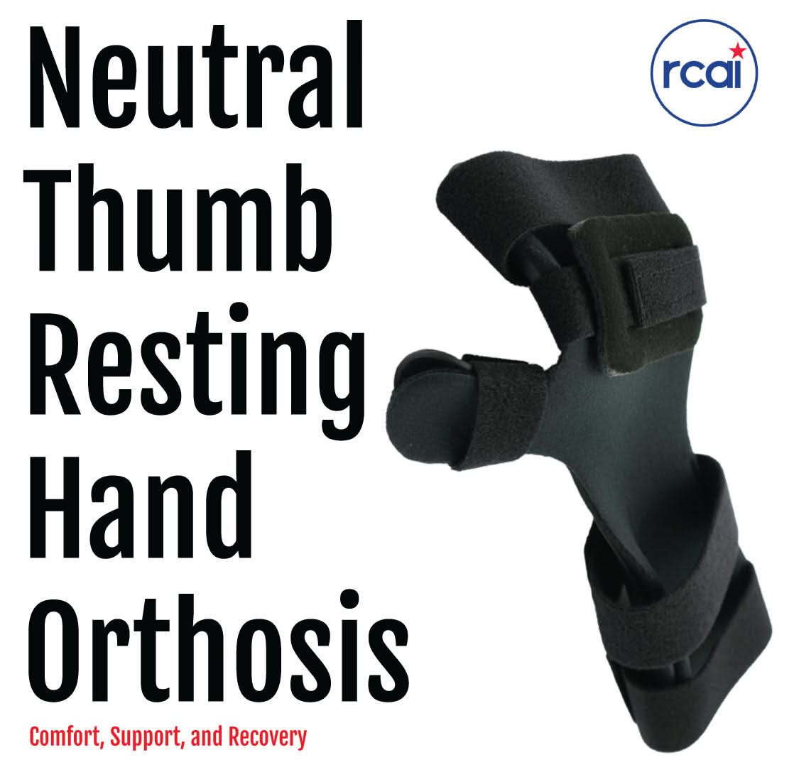 Black neutral thumb resting hand orthosis with finger separators, adjustable straps, made in the USA by RCAI, best.