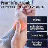 Orthotic hand brace with neutral thumb resting position and finger separators, worn on left hand, promoting wrist comfort.