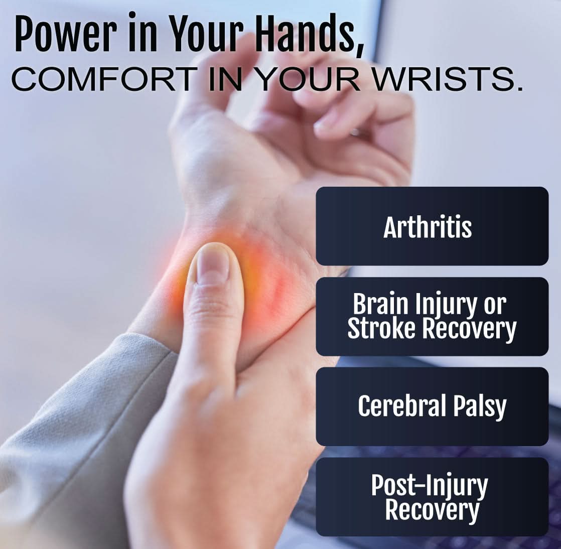 Orthotic hand brace with neutral thumb resting position and finger separators, worn on left hand, promoting wrist comfort.