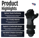 Black neutral thumb resting hand orthosis with adjustable straps and finger separators, made in the USA, RCAI, top B2B.