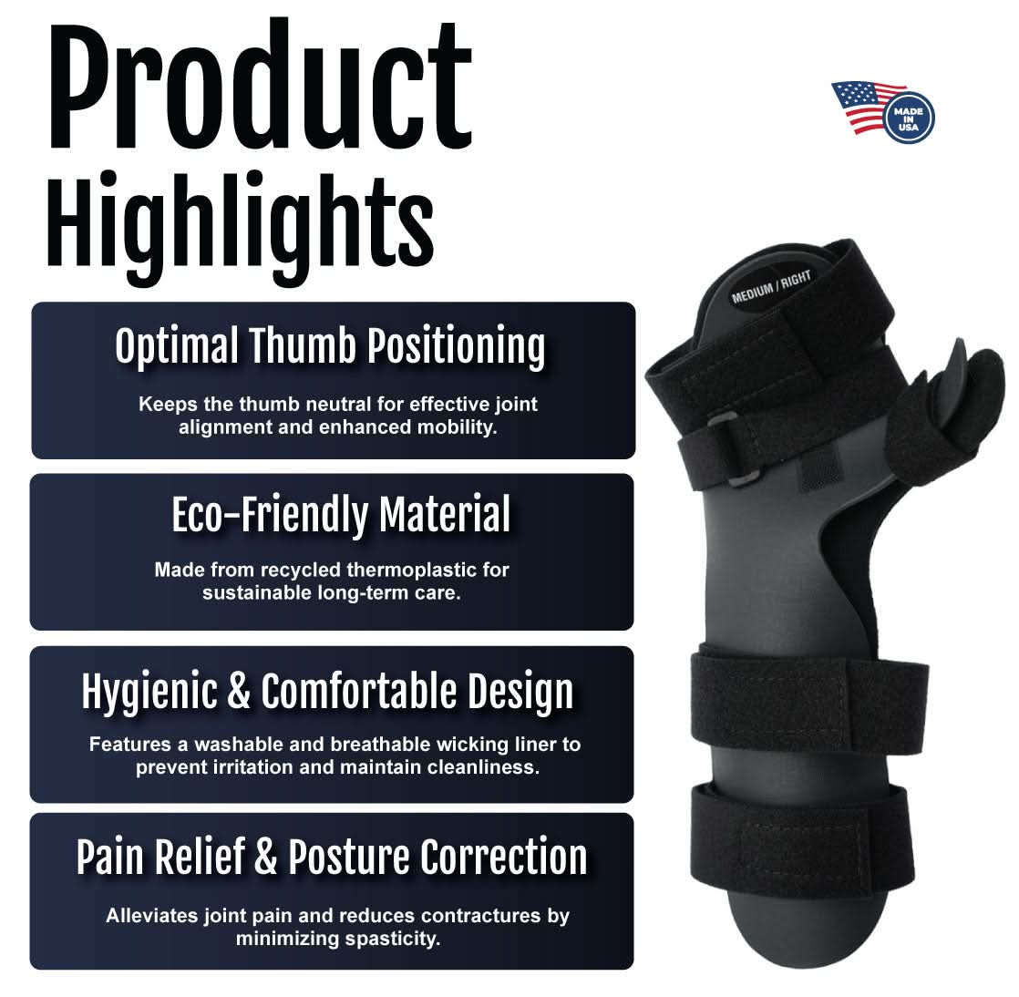 Black neutral thumb resting hand orthosis with adjustable straps and finger separators, made in the USA, RCAI, top B2B.