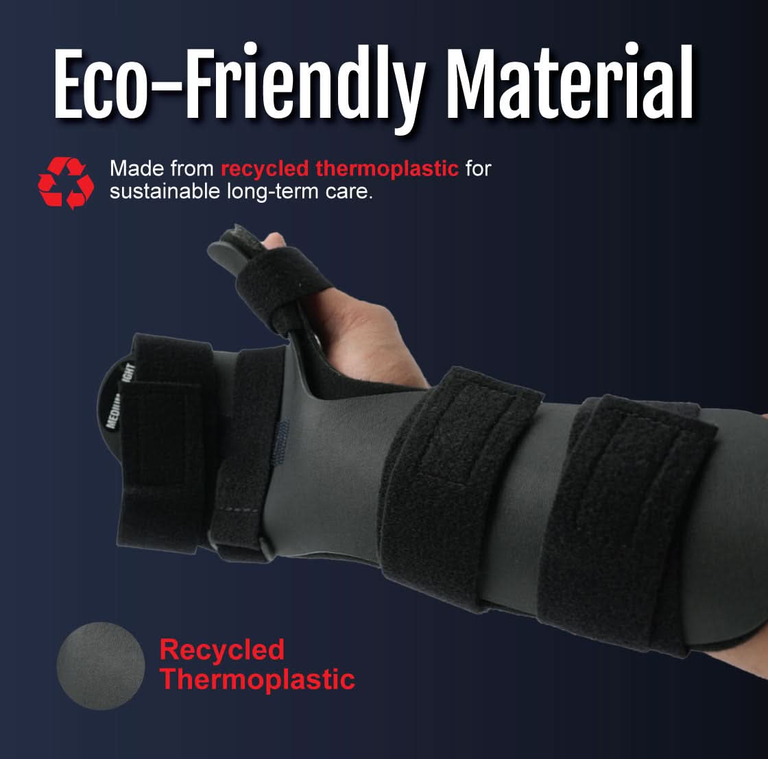 Gray neutral thumb resting hand orthosis with finger separators and black adjustable straps on dark blue background, made in .
