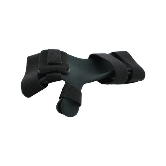 Black RCAI neutral thumb resting hand splint with adjustable Velcro straps, made in the USA, top choice for B2B orthopedics.