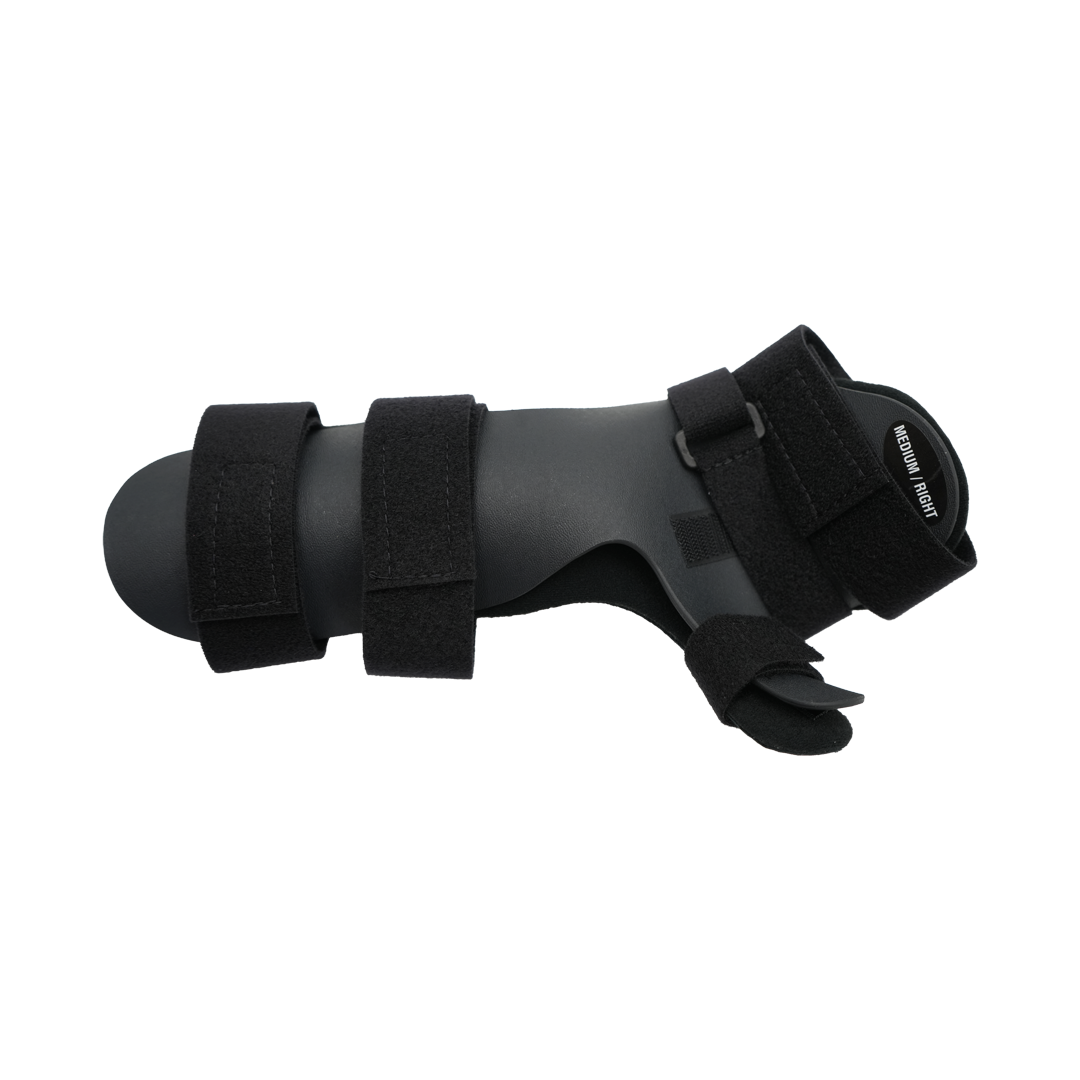 Black RCAI neutral thumb resting hand splint with adjustable Velcro straps, made in the USA, ideal for B2B orthopedics.