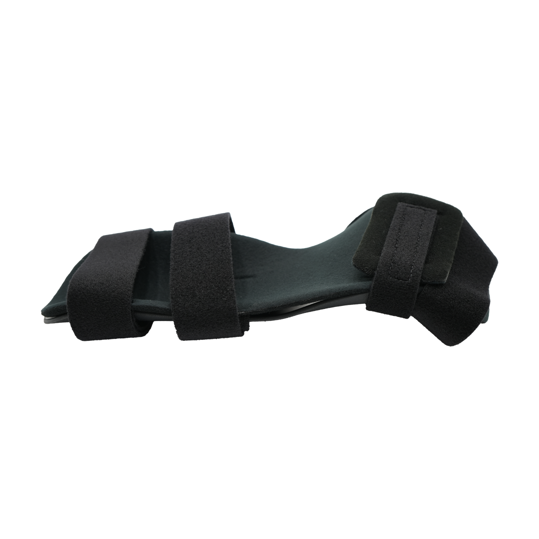 Black RCAI neutral thumb resting hand splint with three adjustable black straps, contoured shape for wrist and thumb.