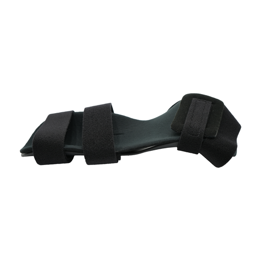 Black RCAI neutral thumb resting hand splint with three adjustable black straps, contoured shape for wrist and thumb.