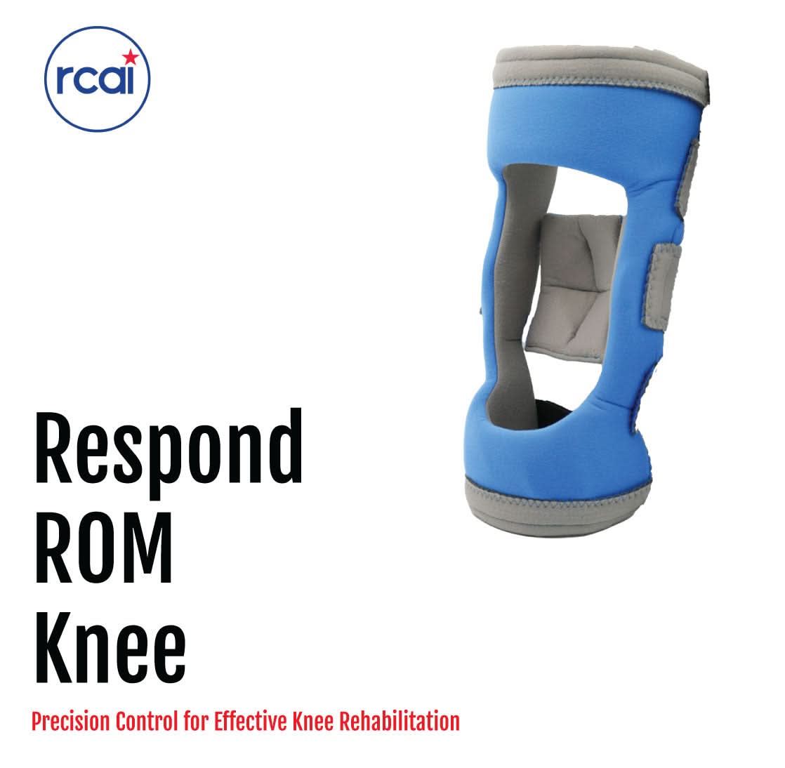 Blue and gray Respond ROM Knee brace showing adjustable straps and cushioned interior, made in the USA, RCAI, best.