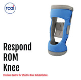 Blue and gray Respond ROM Knee brace showing adjustable straps and cushioned interior, made in the USA, RCAI, best.