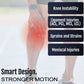 Close-up of a knee with highlighted pain area wearing a black Respond ROM Knee brace, designed for stability and support,.