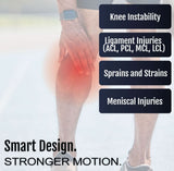 Close-up of a knee with highlighted pain area wearing a black Respond ROM Knee brace, designed for stability and support,.