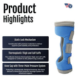 Text details highlighting Respond ROM Knee brace features, showcasing static lock mechanism, thermoplastic thigh and calf.