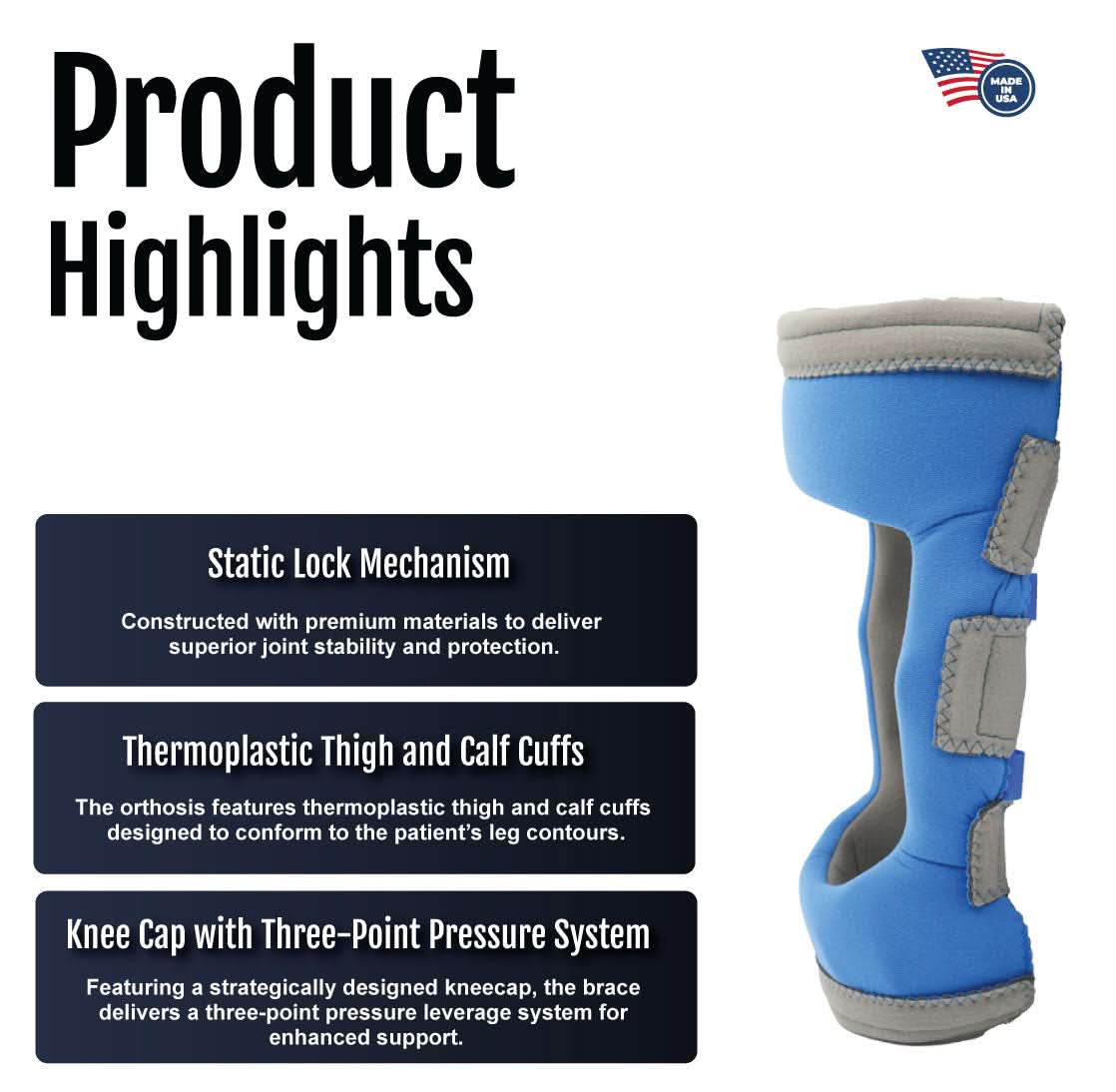 Text details highlighting Respond ROM Knee brace features, showcasing static lock mechanism, thermoplastic thigh and calf.