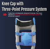 Blue Respond ROM Knee brace with grey adjustable straps, showcasing three-point pressure system, made in the USA, best.