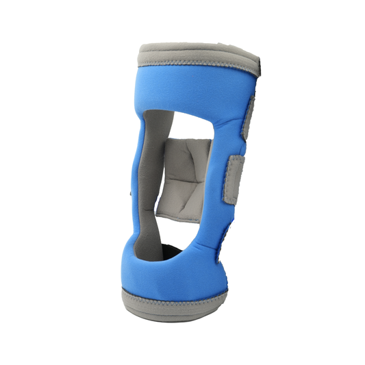 Blue and gray Respond ROM Knee brace with open design, padded interior, made in the USA, RCAI, best orthopedic braces for.