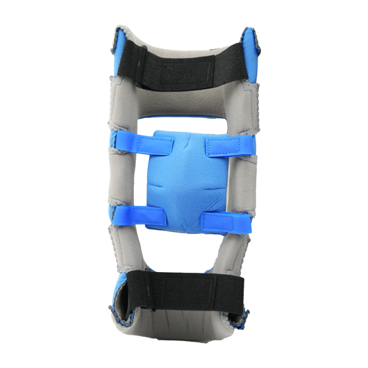 Respond ROM Knee brace with gray and blue padded support, adjustable black and blue straps, made in the USA, best orttopedic .