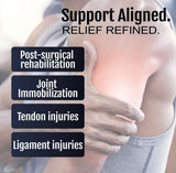 Adjustable RCAI Respond ROM elbow orthosis in black and gray fabric, worn on left arm for joint immobilization and.