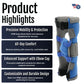 Adjustable black and blue RCAI Respond ROM elbow orthosis with secure straps and padding, designed for precision mobility;.