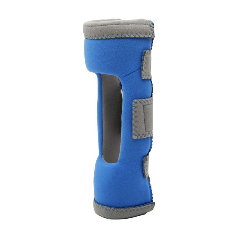 Blue and gray adjustable RCAI Respond ROM elbow orthosis brace with padded straps, made in the USA, top choice for B2B.