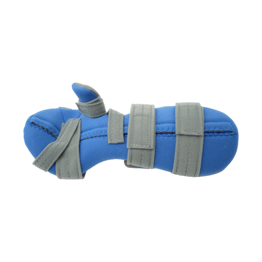 Blue adjustable RCAI resting hand support with gray straps and thumb loop, made in the USA, best orthopedic braces for B2B.