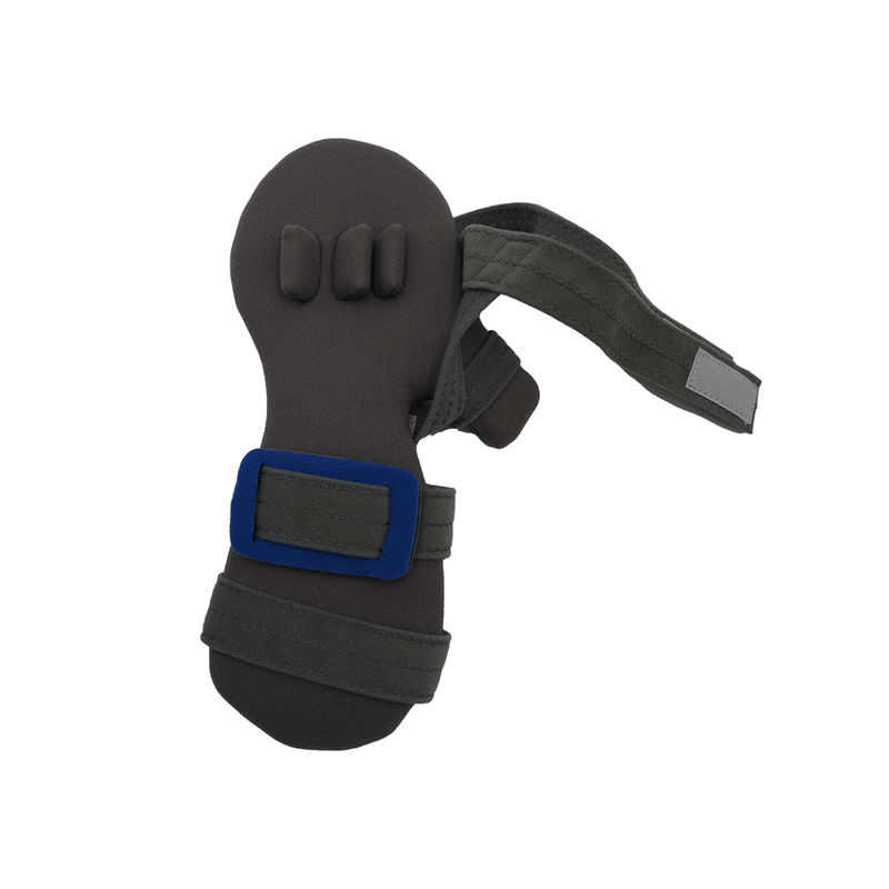 Black contoured hand support with adjustable gray straps and a blue padded section, designed for wrist and finger.
