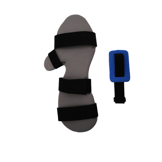 Gray resting hand orthosis with three black adjustable straps and a separate blue finger separator accessory, made in the.