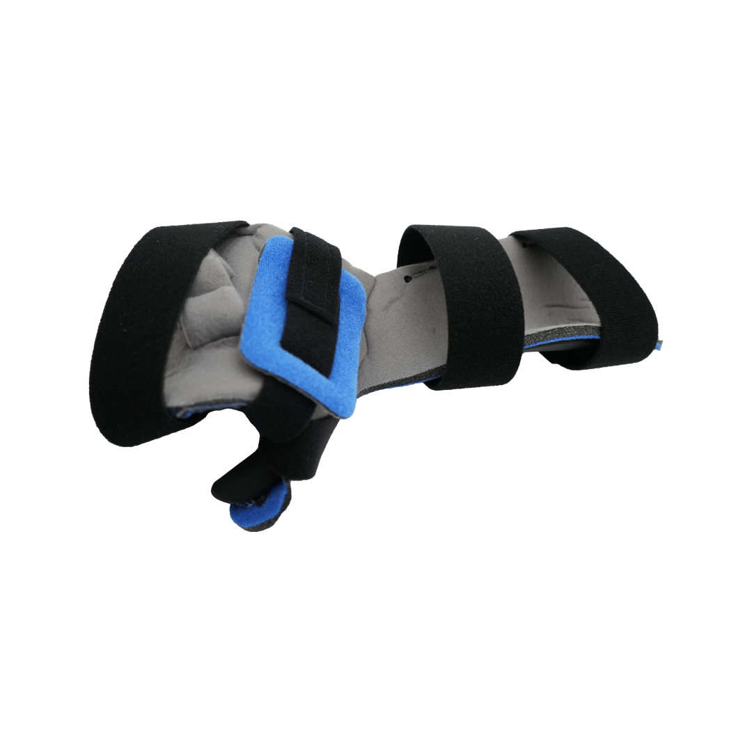 Resting hand orthosis with black straps, gray padded inner lining, and blue finger separators, made in the USA, RCAI, best.