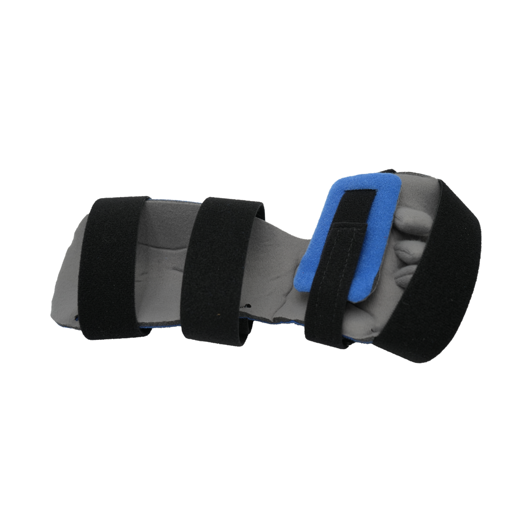 Gray resting hand orthosis with black Velcro straps and blue finger separators, made in the USA, best orthopedic braces by.