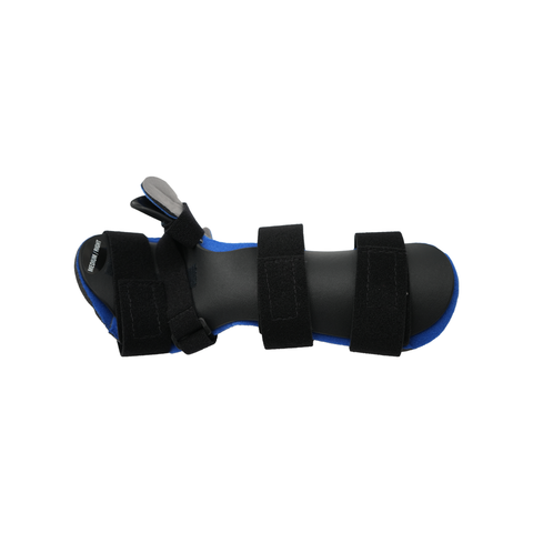 Black resting hand orthosis with blue inner padding and finger separators, three adjustable black straps, made in the USA,.