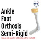 Semi-rigid white ankle foot orthosis with beige strap and blue RCAI logo, made in the USA, best orthopedic brace for gait.