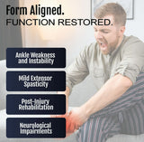 Light beige RCAI semi-rigid ankle foot orthosis with adjustable straps on a man’s lower leg, designed for stability and.