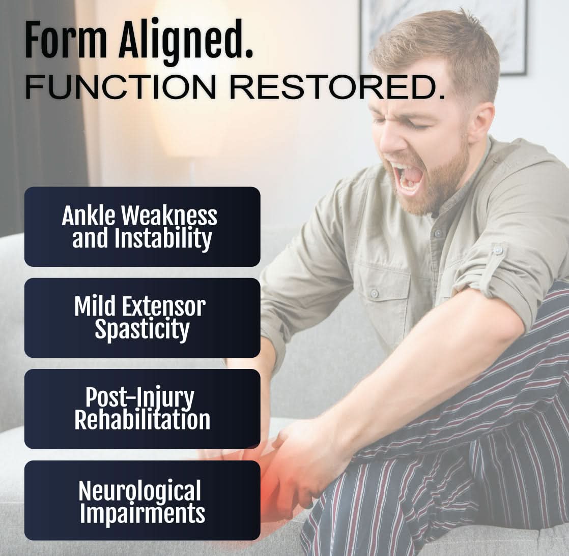 RCAI ankle foot orthosis in black semi-rigid design worn on right foot, highlighting support for ankle weakness made in the.