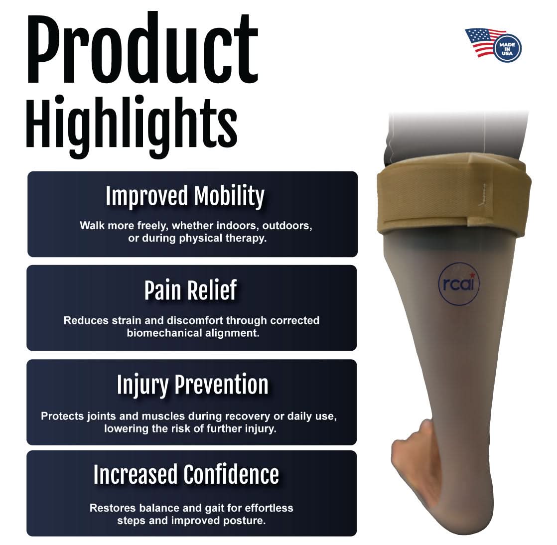 RCAI semi-rigid ankle foot orthosis in beige with adjustable straps, made in the USA, best orthopedic braces for stability.