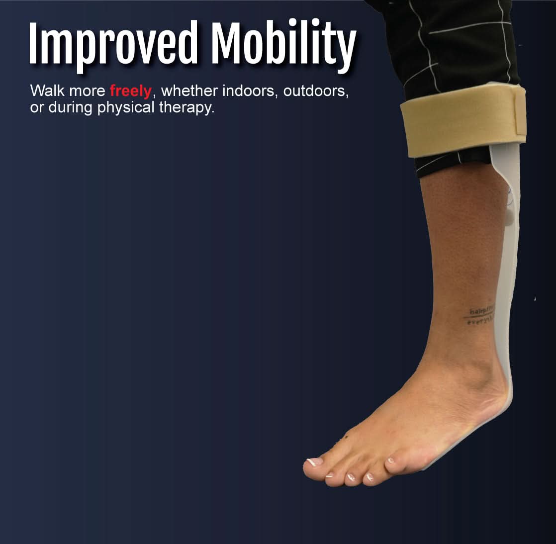 RCAI semi-rigid ankle foot orthosis in black with beige adjustable straps, worn on left foot, made in the USA, B2B.