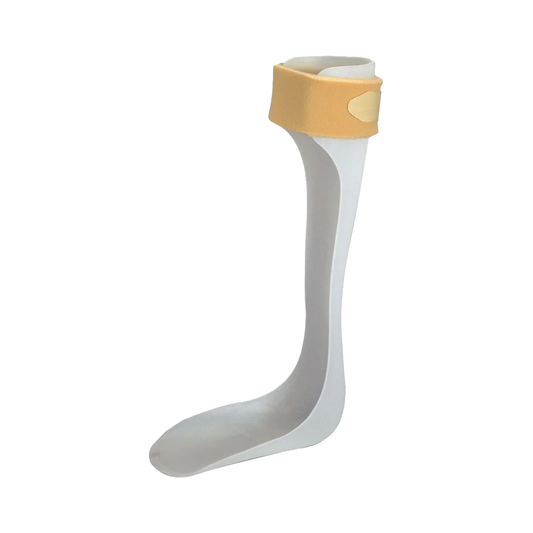 White semi-rigid RCAI ankle foot orthosis with beige adjustable strap, made in the USA, best orthopedic braces for B2B.