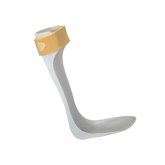 White semi-rigid RCAI ankle foot orthosis with beige adjustable strap, made in the USA, best orthopedic brace for B2B.