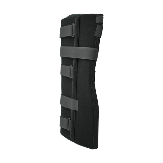 Black Bariatric Knee Immobilizer with four adjustable Velcro straps, made in the USA, featured by RCAI, ideal for B2B.