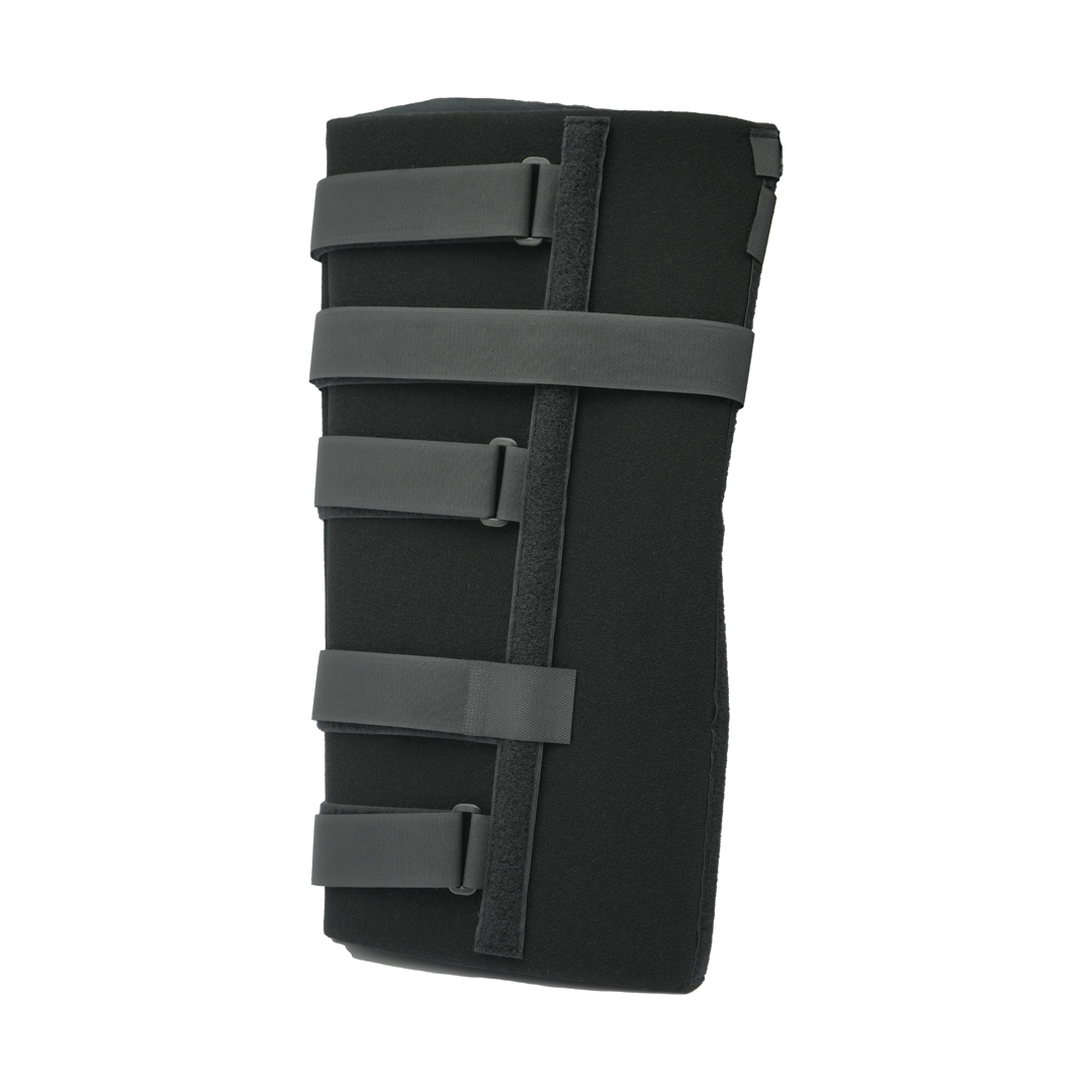 Black Bariatric Knee Immobilizer with four adjustable gray straps for secure fit, sleek design made in the USA, trusted by.