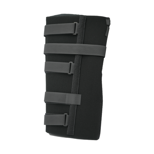 Black bariatric knee immobilizer with four adjustable wide gray straps, padded for comfort, featuring durable construction.