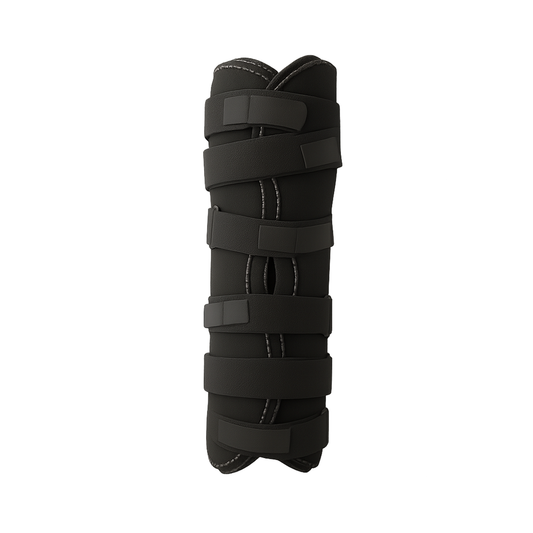 Black RCAI knee immobilizer with four adjustable Velcro straps and open patella design, breathable material highlighting.
